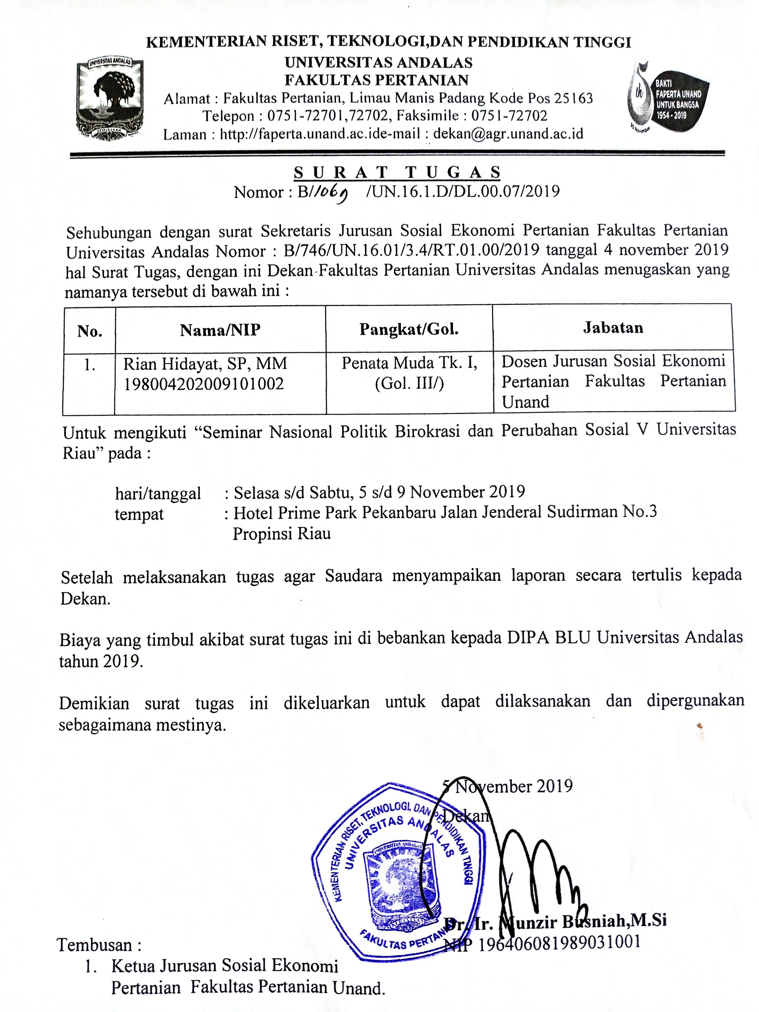 Surat Tugas Pemakalah Seminar Nasional Polkras Unri Document